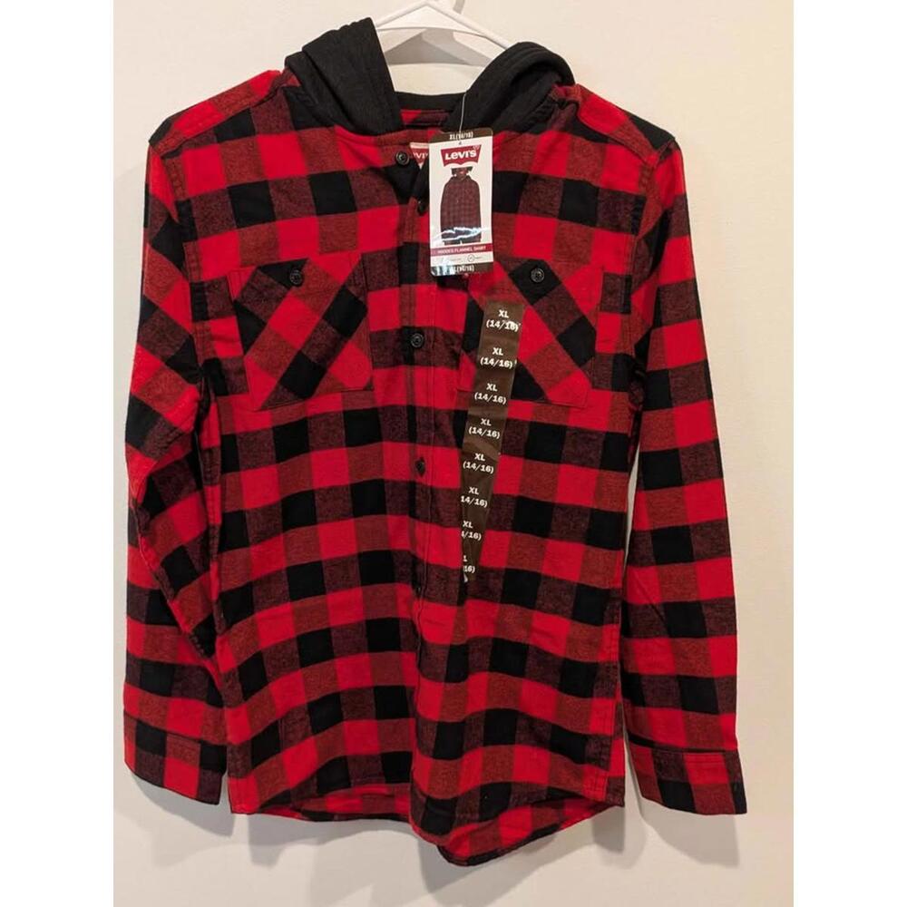 Levi's Red Black Plaid Hooded Flannel Shirt XL (14/16)